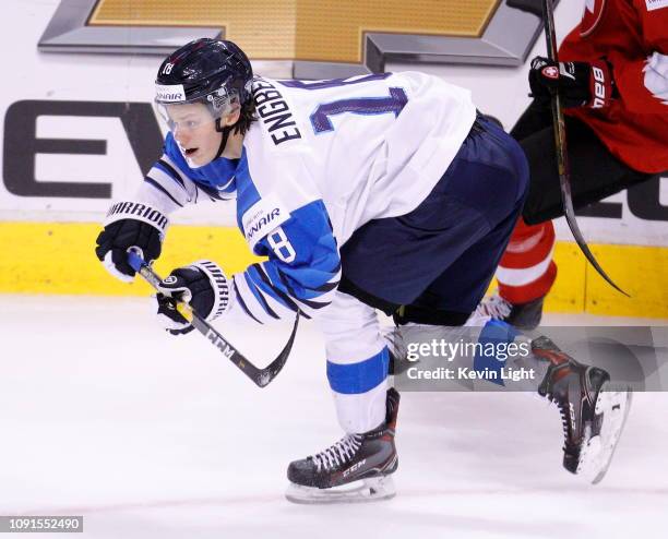 Temmu Engberg of Finland skates against Switzerland during a semi-final game at the IIHF World Junior Championships at Rogers Arena on January 4,...