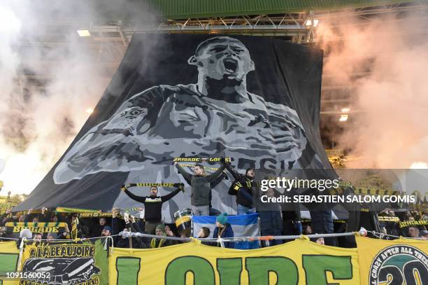 Nantes supporters pay a tribute to Nantes' Argentinian forward Emilianio Sala during the French L1 football match between FC Nantes and AS Saint...