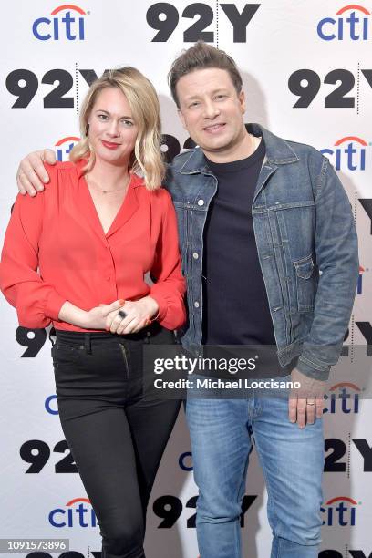 Chef Jamie Oliver and writer and moderator Alison Roman pose before discussing Oliver's new cookbook "5 Ingredients: Quick And Easy Food" at 92nd...