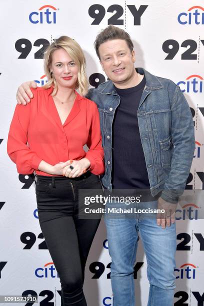 Chef Jamie Oliver and writer and moderator Alison Roman pose before discussing Oliver's new cookbook "5 Ingredients: Quick And Easy Food" at 92nd...