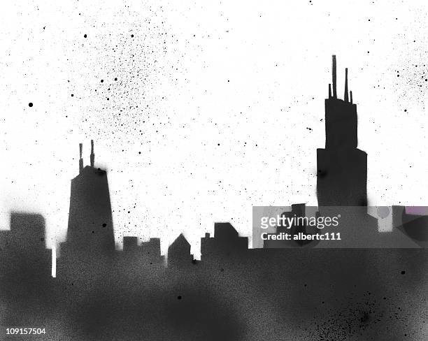 ilustraciones, imágenes clip art, dibujos animados e iconos de stock de plantillas de un paisaje de la ciudad de chicago - stencil