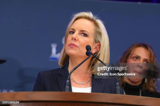 Secretary of Homeland Security Kirstjen Nielsen speaks during the Security Press Conference during Super Bowl LIII week on January 30, 2019 at the...