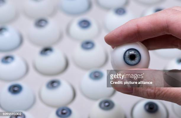 January 2019, Bavaria, München: An ocularist at the Institute for Artificial Eyes holds an artificial eye from a sample case in her hands. Ocularists...
