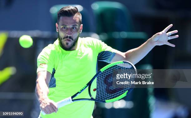 Damir Dzumhur during practice after the Official Draw ahead of the Davis Cup Qualifier tie between Australia and Bosnia & Herzegovina at Memorial...