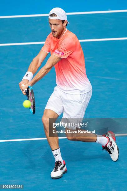 Joao Sousa of Portugal plays a shot against Cameron Norrie of Great Britain in their singles match during the 2019 ASB Classic at the ASB Tennis...