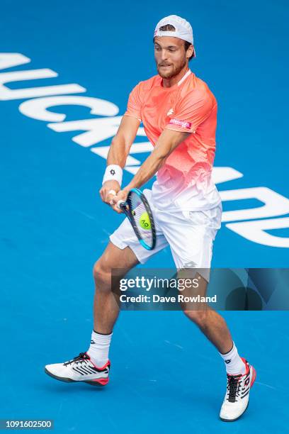 Joao Sousa of Portugal plays a shot against Cameron Norrie of Great Britain in their singles match during the 2019 ASB Classic at the ASB Tennis...