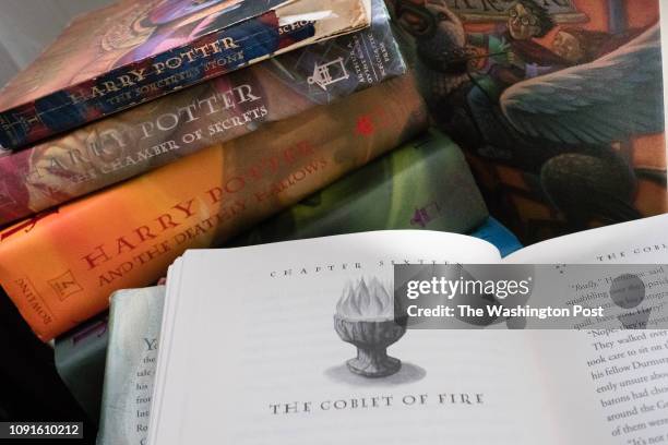 Collection of Harry Potter books are pictured at the home of Caitlin Moore in Washington, DC.