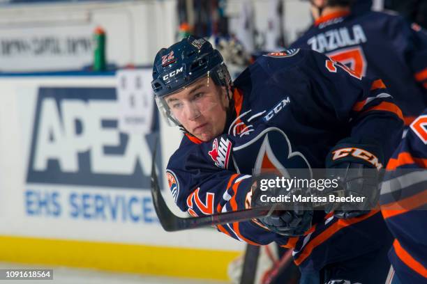 Martin Lang of the Kamloops Blazers warms up with a shot on net against the Kelowna Rockets at Prospera Place on December 29, 2018 in Kelowna, Canada.