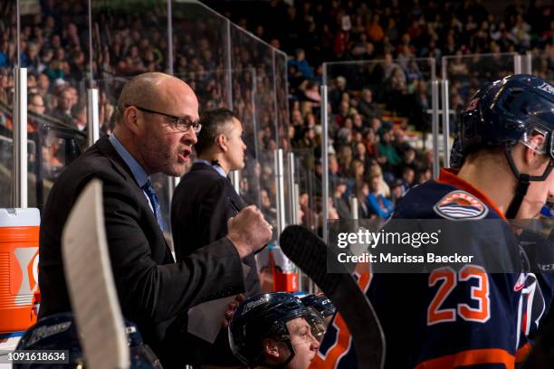 Kamloops Blazers' head coach Serge Lajoie stands on the bench against the Kelowna Rockets at Prospera Place on December 29, 2018 in Kelowna, Canada.