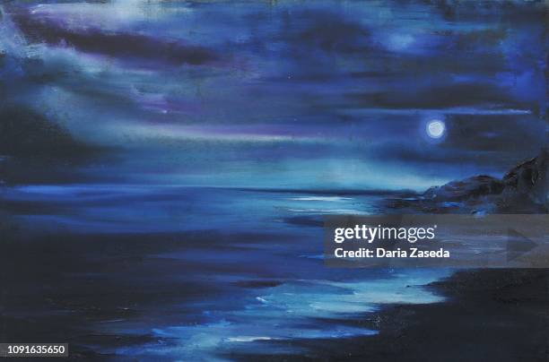 abstract night landscape with sea and moon contemporary art painting - seascape stock illustrations