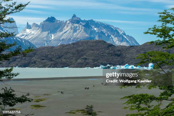 Tourists on beach at Lago Grey with floating icebergs from Grey Glacier in Torres del Paine National Park in Patagonia, Chile.