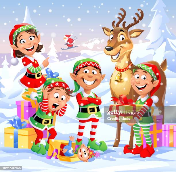 ilustraciones, imágenes clip art, dibujos animados e iconos de stock de ayudantes de santa - cartoon santa claus