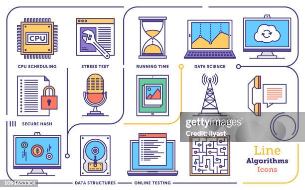 algorithms & software technology vector line icon set - science engineering math icon stock illustrations