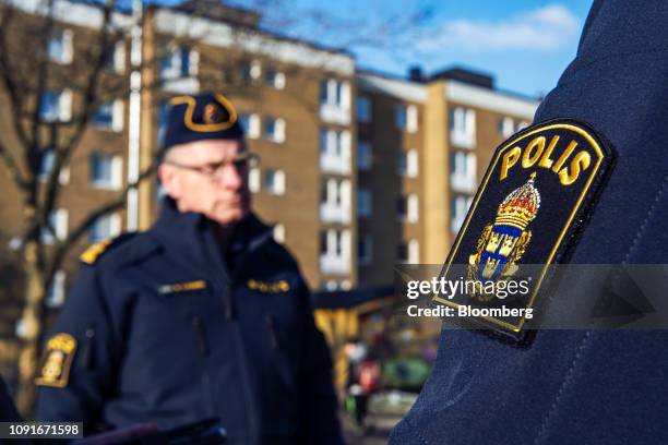 Police officers patrol in the Rosengard district of Malmo, Sweden, on Wednesday, Jan. 23, 2019. Among large Swedish cities, Malmo, just across the...