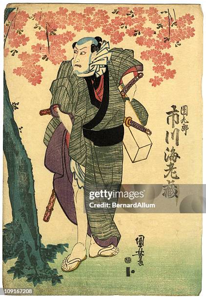 ilustraciones, imágenes clip art, dibujos animados e iconos de stock de woodblock tradicional japonés cerezo y actor - arte-xilográfico-en-estilo-oriental