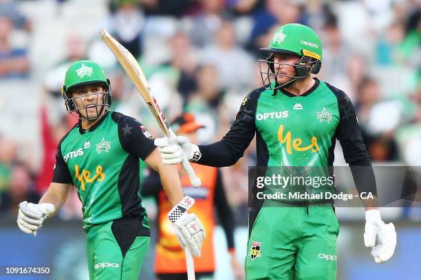 Ben Dunk of the Stars makes a half century during the Melbourne Stars v Perth Scorchers BBL match at Melbourne Cricket Ground on January 09, 2019 in...