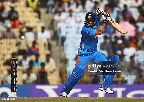 Sachin Tendulkar of India edges the ball away towards the bounary during the 2011 ICC World Cup Warm up game against India and New Zealand at the MA...