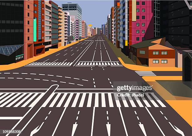 crossroads and sign in city - japan-background stock illustrations