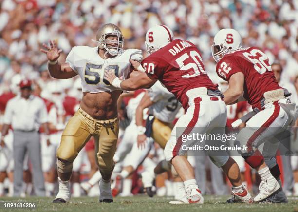 Chris Zorich, Defensive Tackle for the Notre Dame Fighting Irish blocks Chris Dalman of the Stanford Cardinal during their NCAA Independent college...