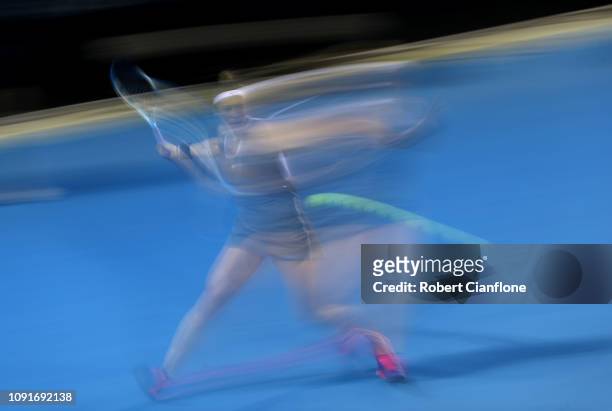 Pauline Parmentier of France plays a shot during her match against Alize Cornet of France during day five of the 2019 Hobart International at Domain...