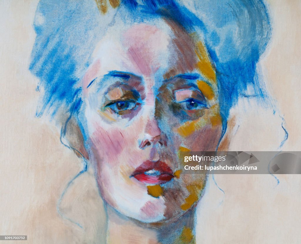 Fashionabla illustration moderna konstverk min original oljemålning på duk impressionism porträtt av en vacker kvinna med långt hår samlade i en knut