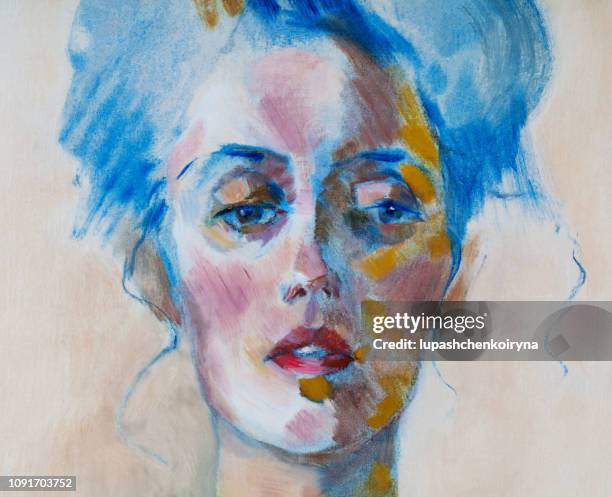 fashionable illustration modern work of art my original oil painting on canvas impressionism portrait of a beautiful woman with long hair gathered in a knot - life drawing model stock illustrations