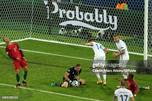 June 2016 - UEFA EURO 2016 - Group F - Portugal v Iceland - Cristiano Ronaldo of Portugal reacts as Iceland goalkeeper Hannes Halldorsson claims the...