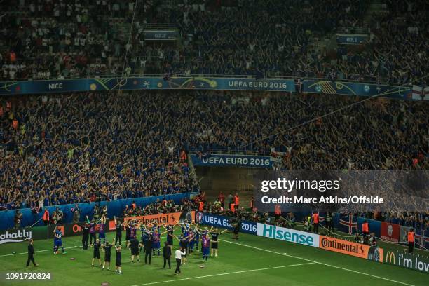 June 2016 - UEFA EURO 2016 - Round of 16 - England v Iceland - Iceland players celebrate in front of their fans, chanting in unison - .