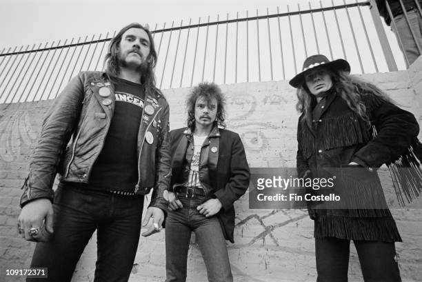 British rock band Motorhead posed in Islington, London in December 1980. L-R Lemmy Kilmister, Phil 'Philthy Animal' Taylor, 'Fast' Eddie Clarke.