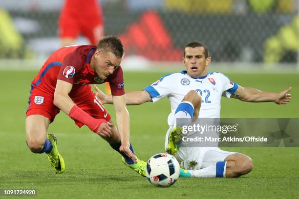 June 2016 - UEFA EURO 2016 - Group B - Slovakia v England - Jamie Vardy of England in action with Viktor Pecovsky of Slovakia - .