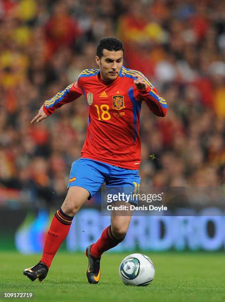 Pedro Rodriguez of Spain in action during the International friendly match between Spain and Colombia at Estadio Santiago Bernabeu on February 9,...