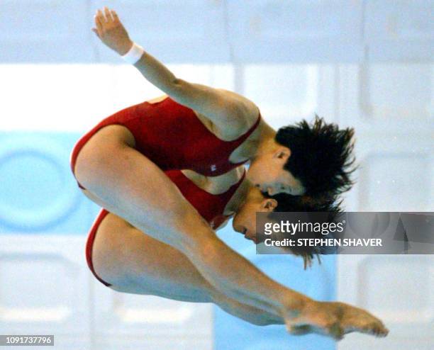 North Korea's Jon Hyon-Ju and Kim Kyong-Ju perform their dive routine during the women's synchronized diving finals 09 October 2002 at the 14th Asian...