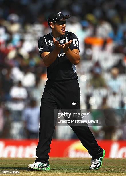 Ross Taylor of New Zealand gives out instructions during the 2011 ICC World Cup Warm up game against India and New Zealand at the MA Chidambaram...