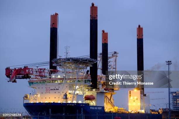 Jack-up vessel 'Vole au vent' from Jan De Nul Group, is specifically built to install offshore windparks, is seen in Ostend harbor on January 5, 2019...