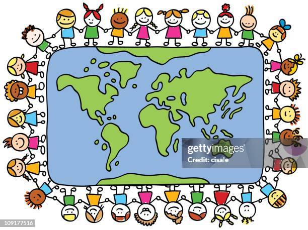 happy children holding hands around world map cartoon - worlds indigenous people stock illustrations
