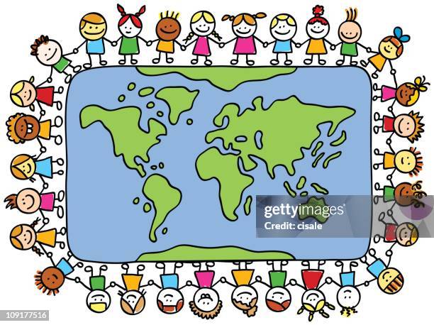 happy children holding hands around world map cartoon - preschool child stock illustrations