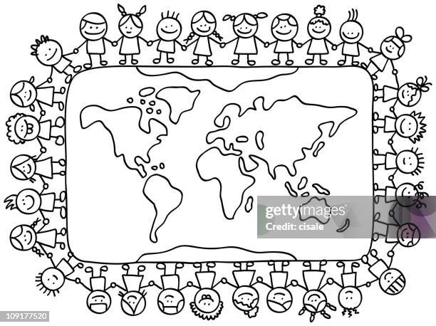 ilustraciones, imágenes clip art, dibujos animados e iconos de stock de happy little children holding hands en mapa mundial ilustración dibujo animado - de descendencia mixta