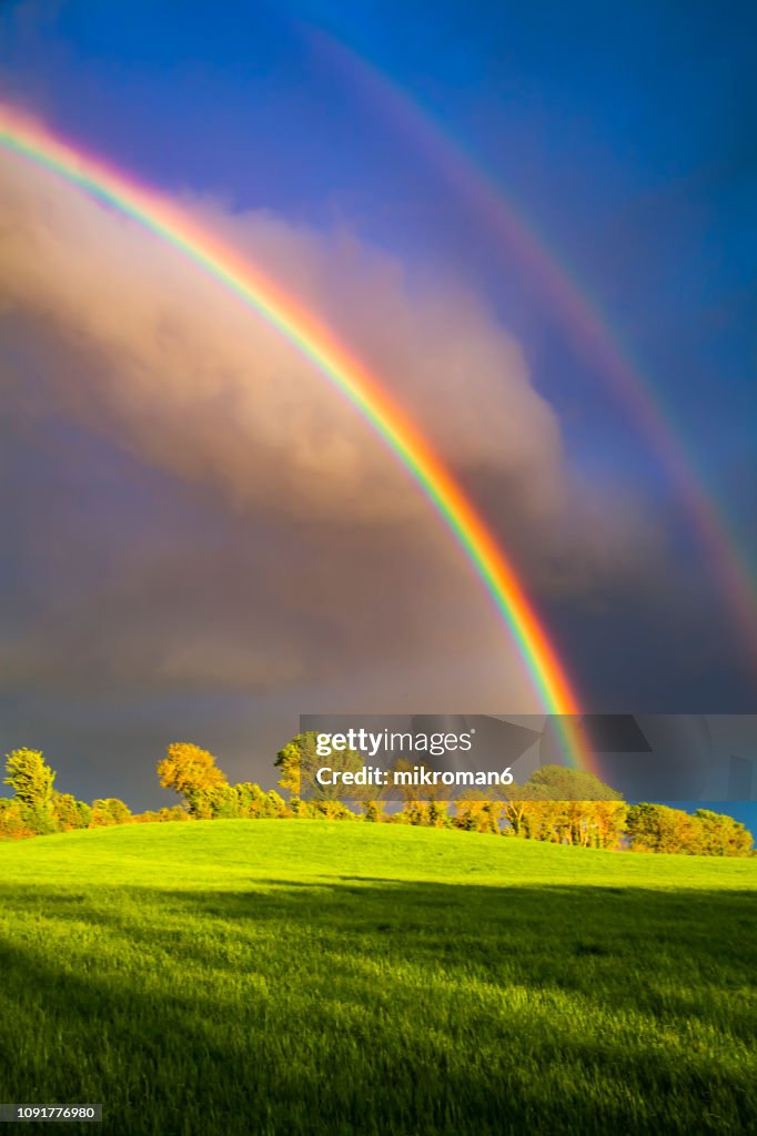 Double rainbow landscape in beautiful Irish landscape scenery. Co Tipperary Ireland.