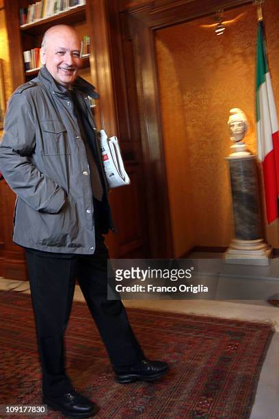 Italian minister of culture in the Berlusconi Cabinet, Sandro Bondi, arrives at his studio of the Ministry of culture, on May 14 , 2010 in Rome,...