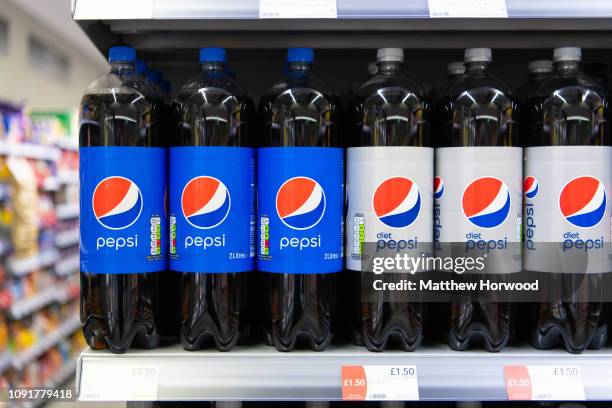 Large bottles of Pepsi for sale on a supermarket shelf on January 4, 2019 in Cardiff, United Kingdom.