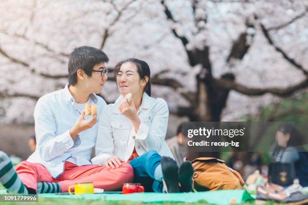 youg couple having picnic in spring - asian eating hotdog stock pictures, royalty-free photos & images