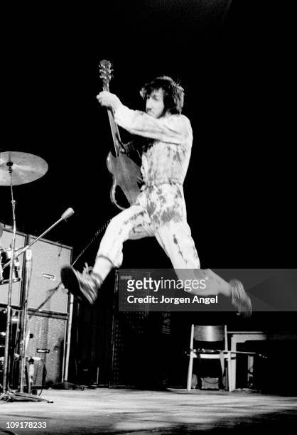 Pete Townshend of The Who leaps in the air on stage at Falkoner Centret in Copenhagen, Denmark on 20th September 1970.