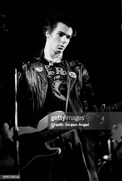 Sid Vicious from The Sex Pistols performs live on stage at the nightclub Daddy's Dance Hall in Copenhagen, Denmark on July 13 1977.