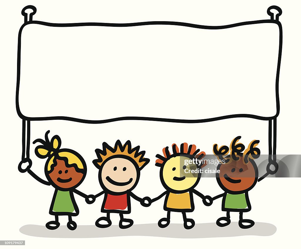 Happy Children Group Holding Empty Banner Cartoon Illustration High-Res  Vector Graphic - Getty Images
