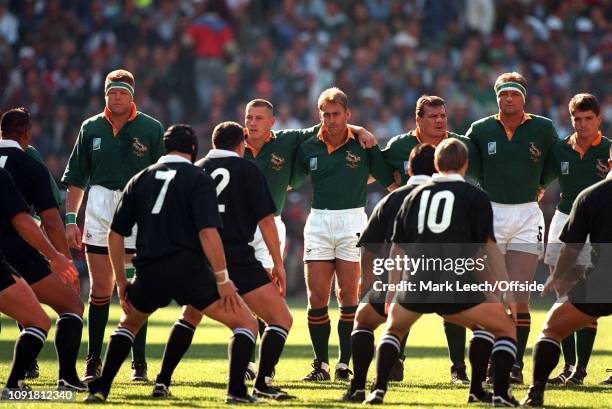 Rugby World Cup Final, South Africa v New Zealand, the South African team face up to the All Blacks haka .