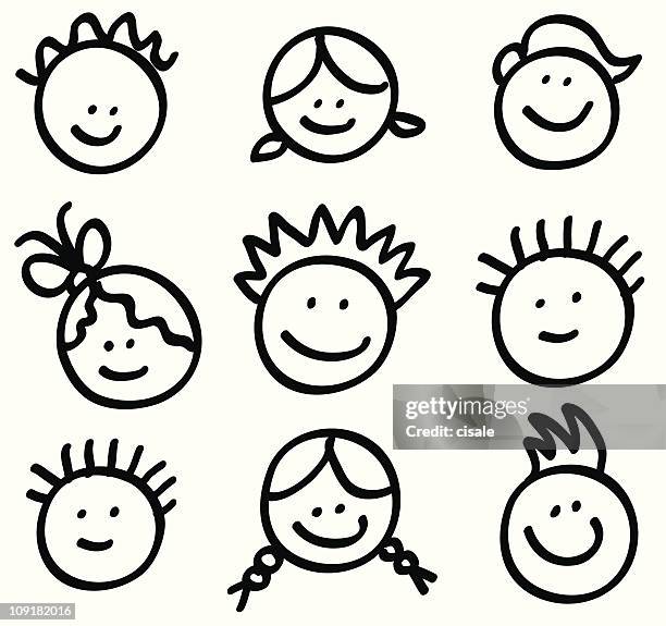 stockillustraties, clipart, cartoons en iconen met lineart children head cartoons - girl illustration