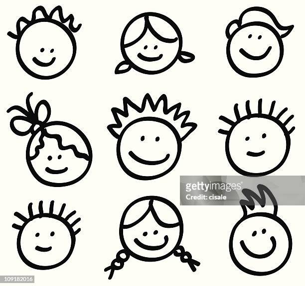 lineart children head cartoons - smiley faces stock illustrations