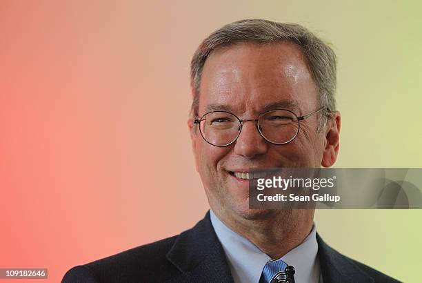 Eric Schmidt, Chairman of the Board and Chief Executive Officer of Google, speaks to students at Humboldt University on February 16, 2011 in Berlin,...