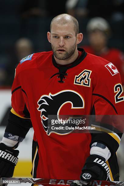Robyn Regehr of the Calgary Flames skates against the Chicago Blackhawks on February 7, 2011 at Scotiabank Saddledome in Calgary, Alberta, Canada.