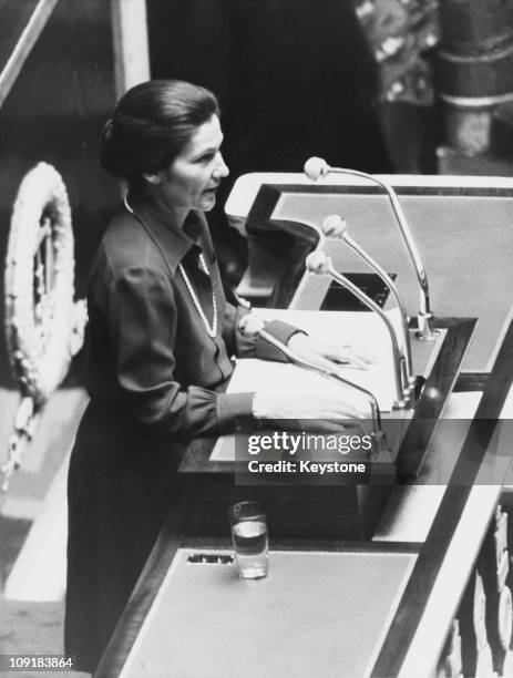 French lawyer and politician Simone Veil, the Minister of Health, addresses the National Assembly at the Palais Bourbon in Paris, on the subject of...